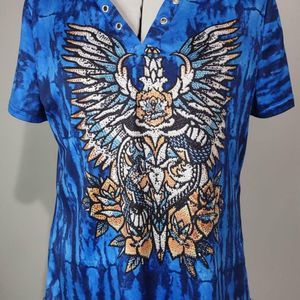 Large V-neck Wings Floral Tie Dye Blue Tee Shirt Short Sleeve Blouse C2509